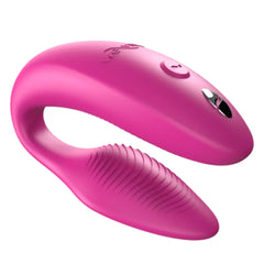 We-Vibe Sync 2 pink silicone couples vibrator with ribbed texture and dual-motor U-shape design