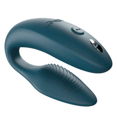 We-Vibe Sync couples vibrator in green velvet, U-shaped silicone body with ribbed tip