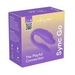 We-Vibe Sync Go couples vibrator in purple packaging with QR code and product tagline