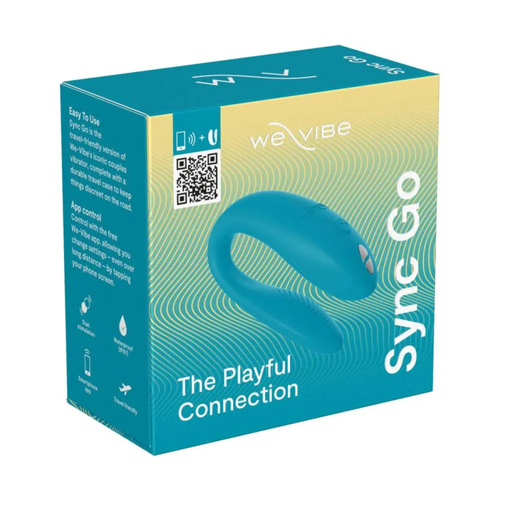 We-Vibe Sync Go couples vibrator in teal packaging with app-control icons and QR code