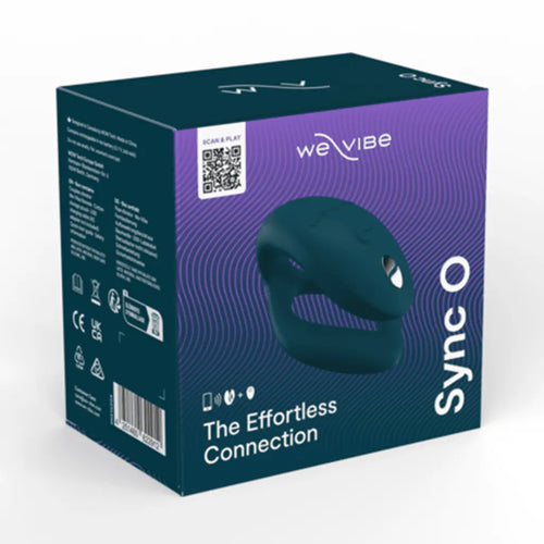 We-Vibe Sync O couples vibrator box in teal and purple showing product and QR code