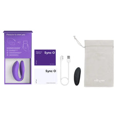 We-Vibe Sync O unboxed showing vibrator, remote, magnetic USB charger, and storage pouch
