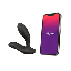 We-Vibe Vector+ beside smartphone showing the We-Vibe app for remote control feature