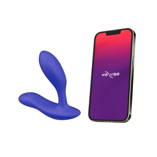 We-Vibe Vector+ blue prostate massager next to smartphone running the We-Vibe app