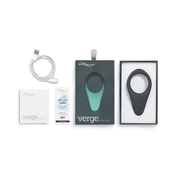 We-Vibe Verge Vibrating Cock Ring slate unboxed with USB cable, lube sample, and manual