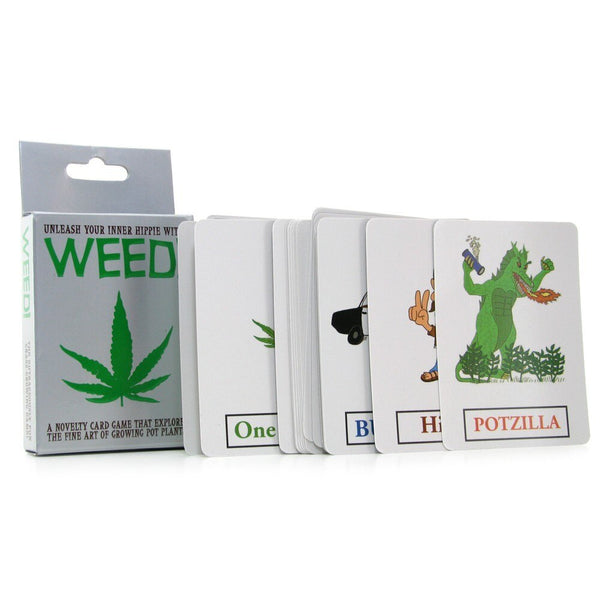 Weed Card Game by Kheper Games with novelty illustrated cards fanned out beside the box