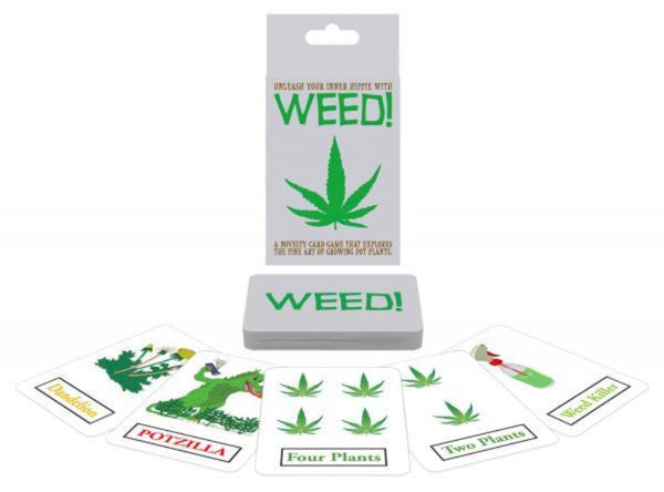 Weed Card Game packaging back view showing plant-themed illustrated playing cards spread out