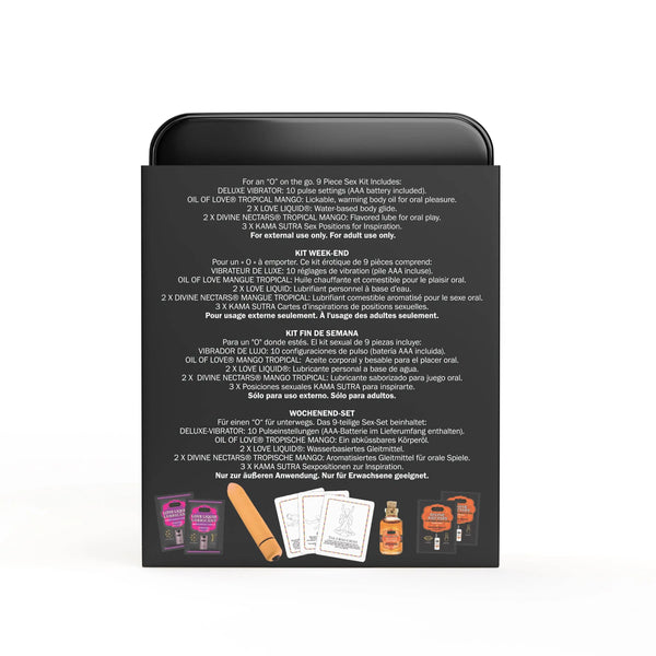 Weekender Kit back label showing multilingual product descriptions for the 9-piece travel set
