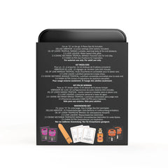 Weekender Kit back label showing multilingual product descriptions for the 9-piece travel set