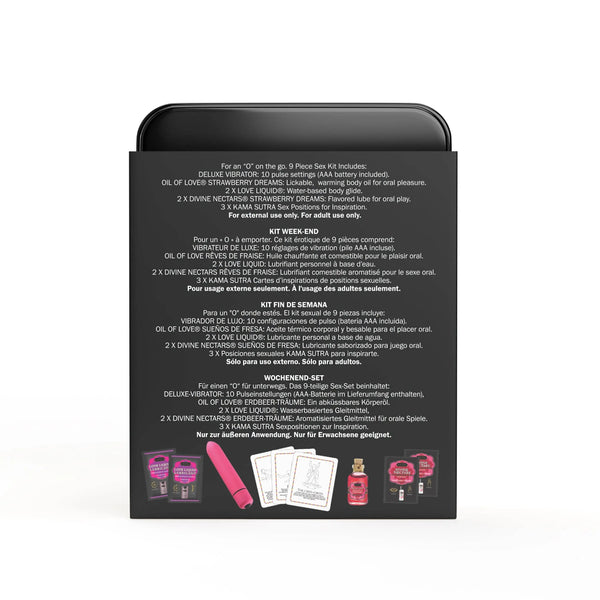 Weekender Kit back panel displaying multilingual 9-piece kit contents list in black tin packaging