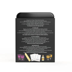Weekender Kit black tin back panel showing multilingual product contents list in four languages