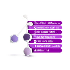 Wellness kegel kit feature callout: platinum-cured silicone, body-safe, fragrance-free, satin-smooth texture