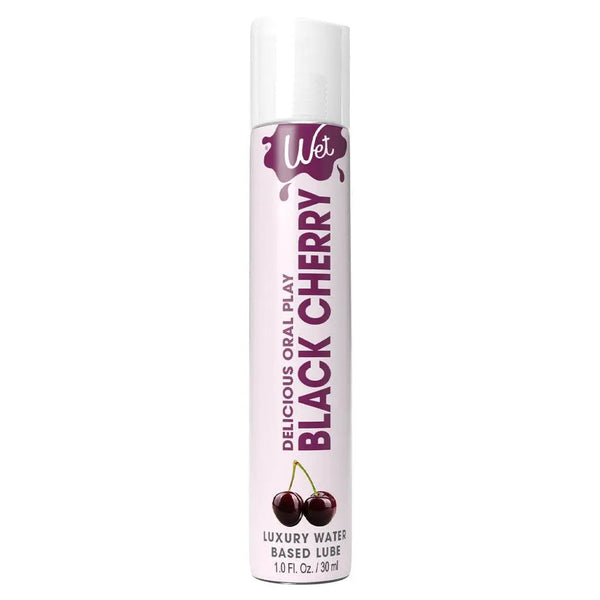 Wet Delicious Black Cherry water-based lubricant in a slim 30ml tube with flip-top cap