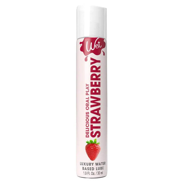 Wet Delicious Strawberry water-based lubricant in a slim 30ml pink pump bottle