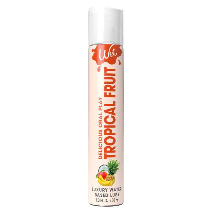 Wet Delicious Tropical Fruit water-based lubricant in a slim 30ml squeeze bottle