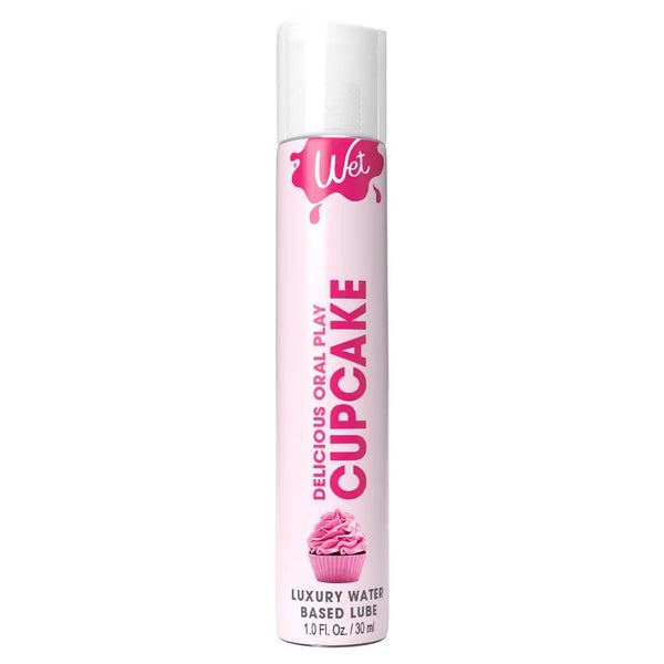 Wet Desserts Frosted Cupcake flavored water-based lubricant in a slim pink 30ml bottle