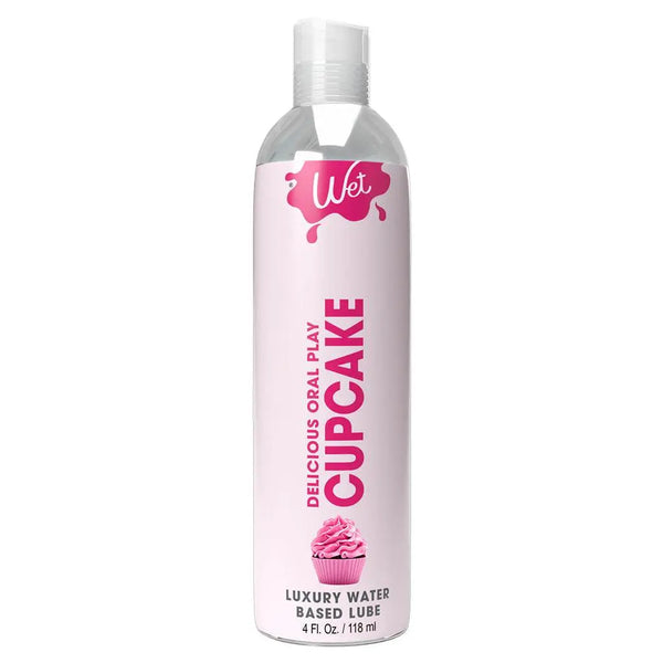Wet Desserts Frosted Cupcake Lubricant in a slim pink 4 fl oz water-based formula bottle