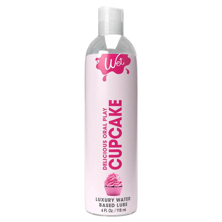 Wet Desserts Frosted Cupcake Lubricant in a slim pink 4 fl oz water-based formula bottle