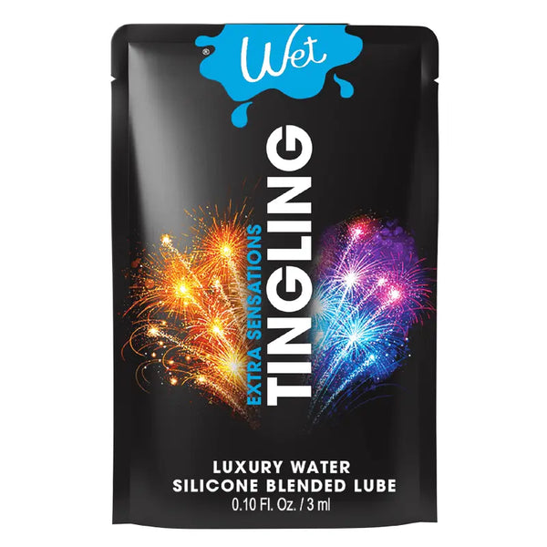Wet Extra Sensations Tingling Lubricant foil packet, black pouch with fireworks design, 3ml