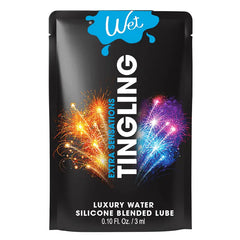 Wet Extra Sensations Tingling Lubricant foil packet, black pouch with fireworks design, 3ml