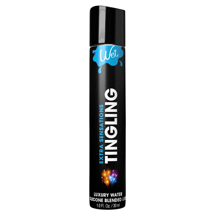 Wet Extra Sensations Tingling Lubricant slim black 30ml bottle with bold blue logo