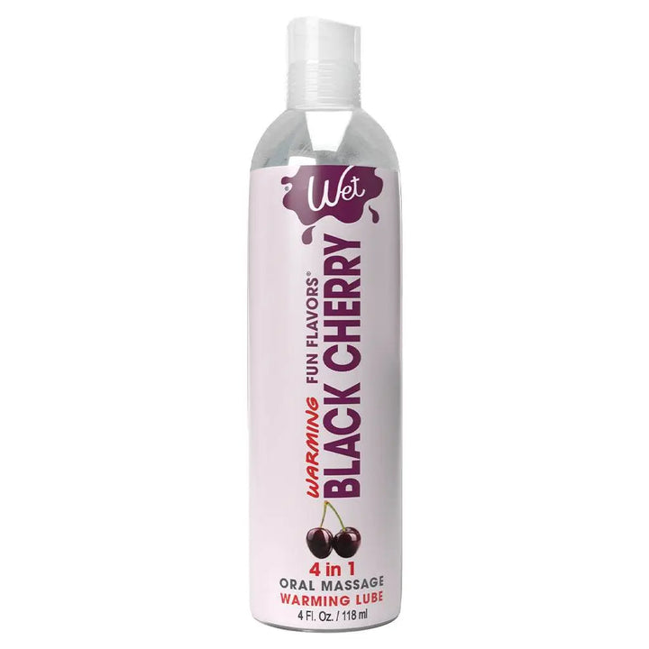 Wet Fun Flavors Black Cherry warming lubricant, 4 oz clear bottle with flip-top cap