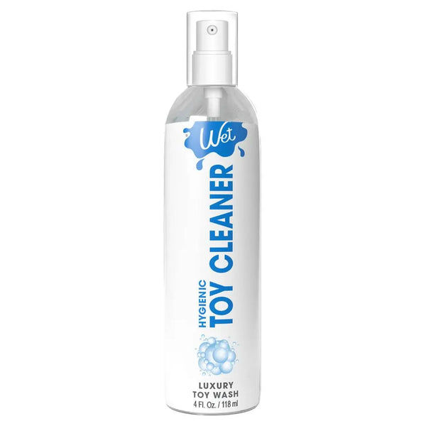 Wet Hygienic Toy Cleaner 4 oz spray bottle with pump top, white label, blue accents