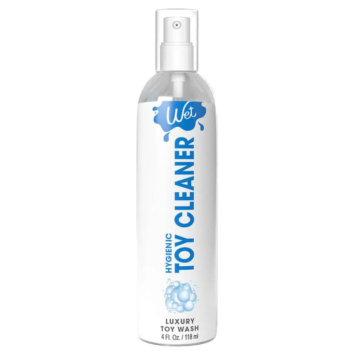 Wet Hygienic Toy Cleaner 4 oz spray bottle with pump top, white label, blue accents