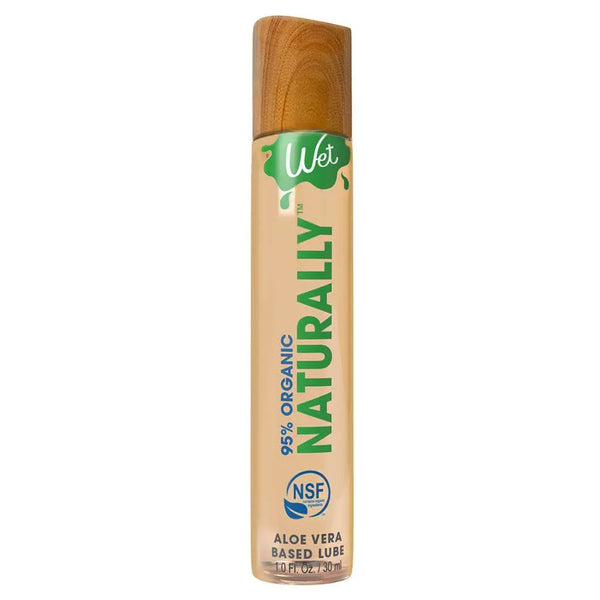 Wet Naturally Organic Aloe Vera Lubricant in a slim tube with a wood-tone cap