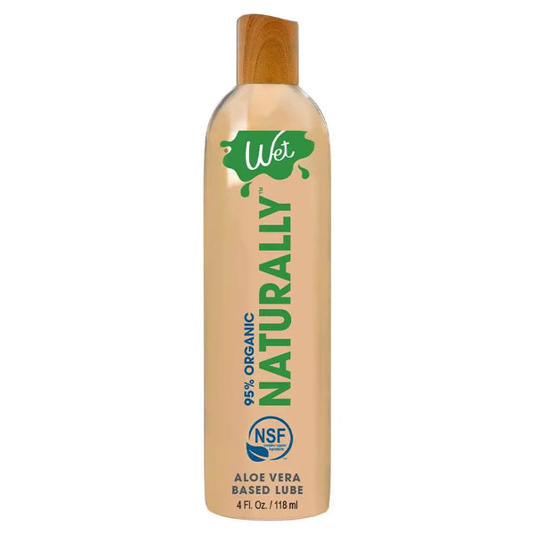 Wet Naturally Organic Lubricant 4 fl oz bottle with aloe vera base and wood-tone cap
