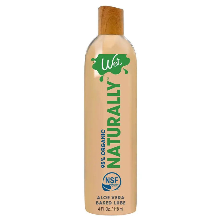 Wet Naturally Organic Lubricant 4 fl oz bottle with aloe vera base and wood-tone cap