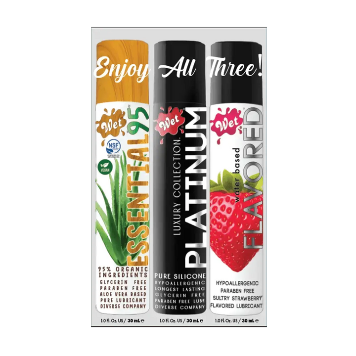 Wet 3-Pack Sampler Luxury Lubricant (Essential95, Platinum, Flavored Lube) - Dreamy Desire