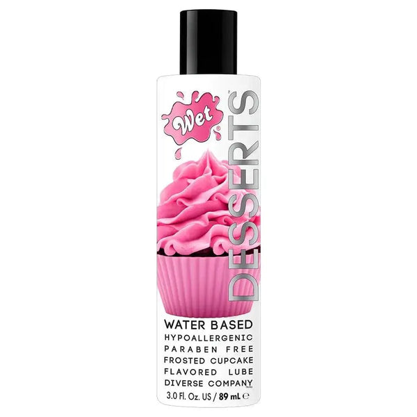 Wet Desserts Frosted Cupcake water-based flavored lubricant, 3 fl oz white bottle with pink cupcake graphic
