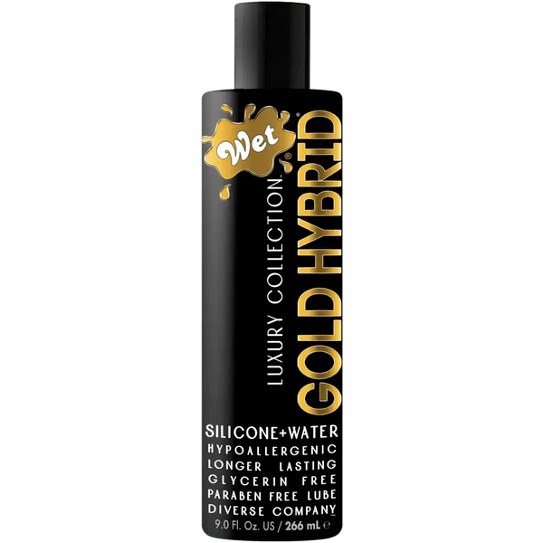 Wet Gold Hybrid lubricant 9 oz black bottle with gold label, silicone and water formula
