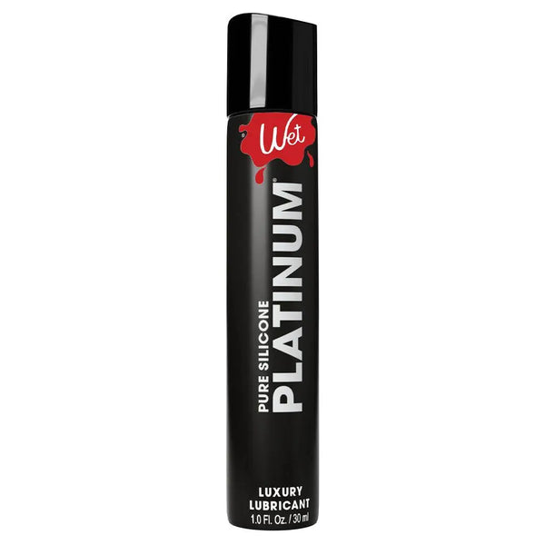 Wet Platinum Pure Silicone Lubricant in a sleek black 1 fl oz bottle with red logo