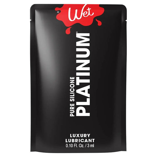 Wet Platinum Pure Silicone Lubricant in a sleek black 3ml single-use foil pouch