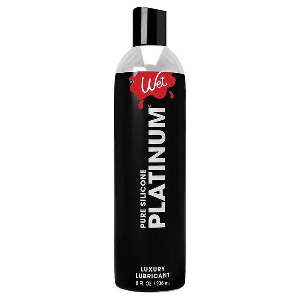 Wet Platinum Silicone Lubricant 8 fl oz in a sleek black bottle with flip-top cap