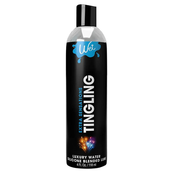 Wet Tingling Lubricant 4 fl oz black bottle with teal logo and fireworks design