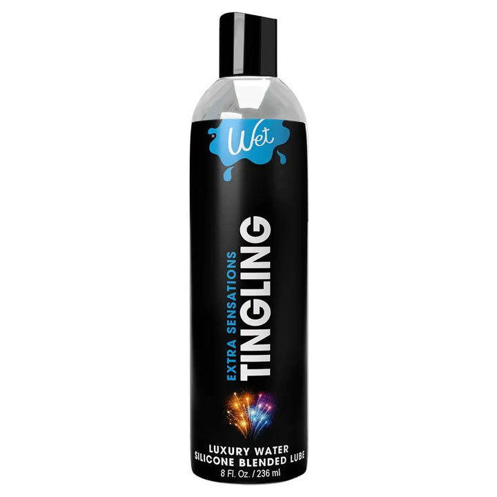 Wet Tingling Lubricant 8 oz black bottle with flip cap, a silicone-blended water-based formula