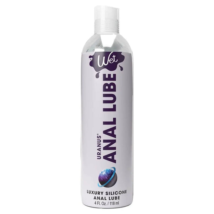 Wet Uranus Anal Lube 4 fl oz silver bottle with flip-top cap, silicone-based formula