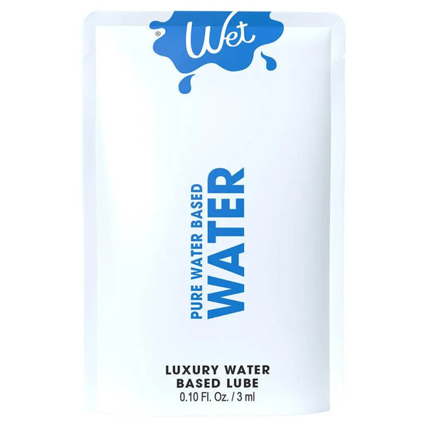 Wet Water Lubricant single-use pouch, 3ml water-based formula in compact white packet