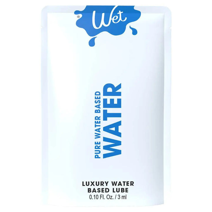 Wet Water Lubricant single-use pouch, 3ml water-based formula in compact white packet