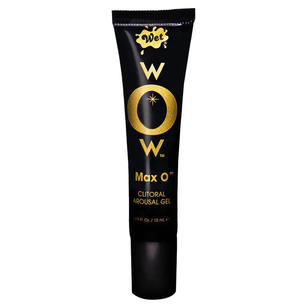 Wet WOW Max O clitoral arousal gel in a sleek black 15ml tube with gold lettering