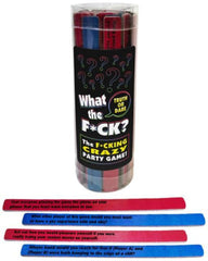 What the F*ck Truth or Dare party game by Kheper Games in clear tube with red and blue snap bracelets
