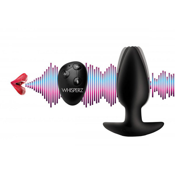 Whisperz butt plug shown with remote and sound-wave graphic illustrating voice-activation feature