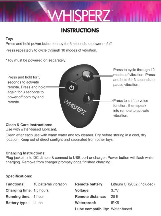 Whisperz instruction sheet detailing 10 vibration modes, remote controls, and IPX5 waterproof specs