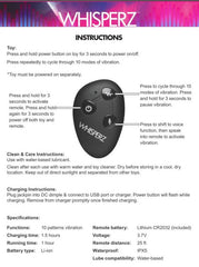 Whisperz instruction sheet detailing 10 vibration modes, remote controls, and IPX5 waterproof specs