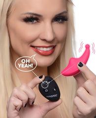 Whisperz pink panty vibe and black remote control held by smiling blonde model