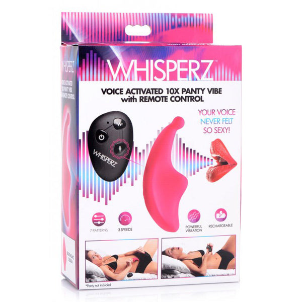 Whisperz Voice Activated 10X Panty Vibe product packaging showing remote and vibrator