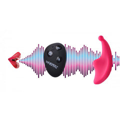 Whisperz voice-activated remote beside sound wave graphic showing audio-response feature